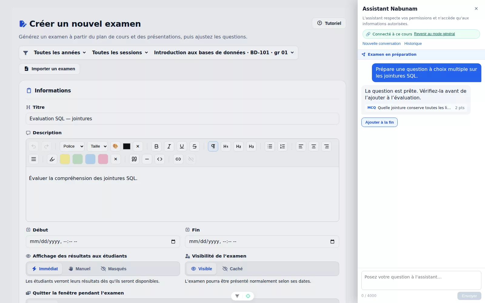 Assistant Nabunam ouvert dans un formulaire d’évaluation avec le contexte du cours et une question structurée à valider.