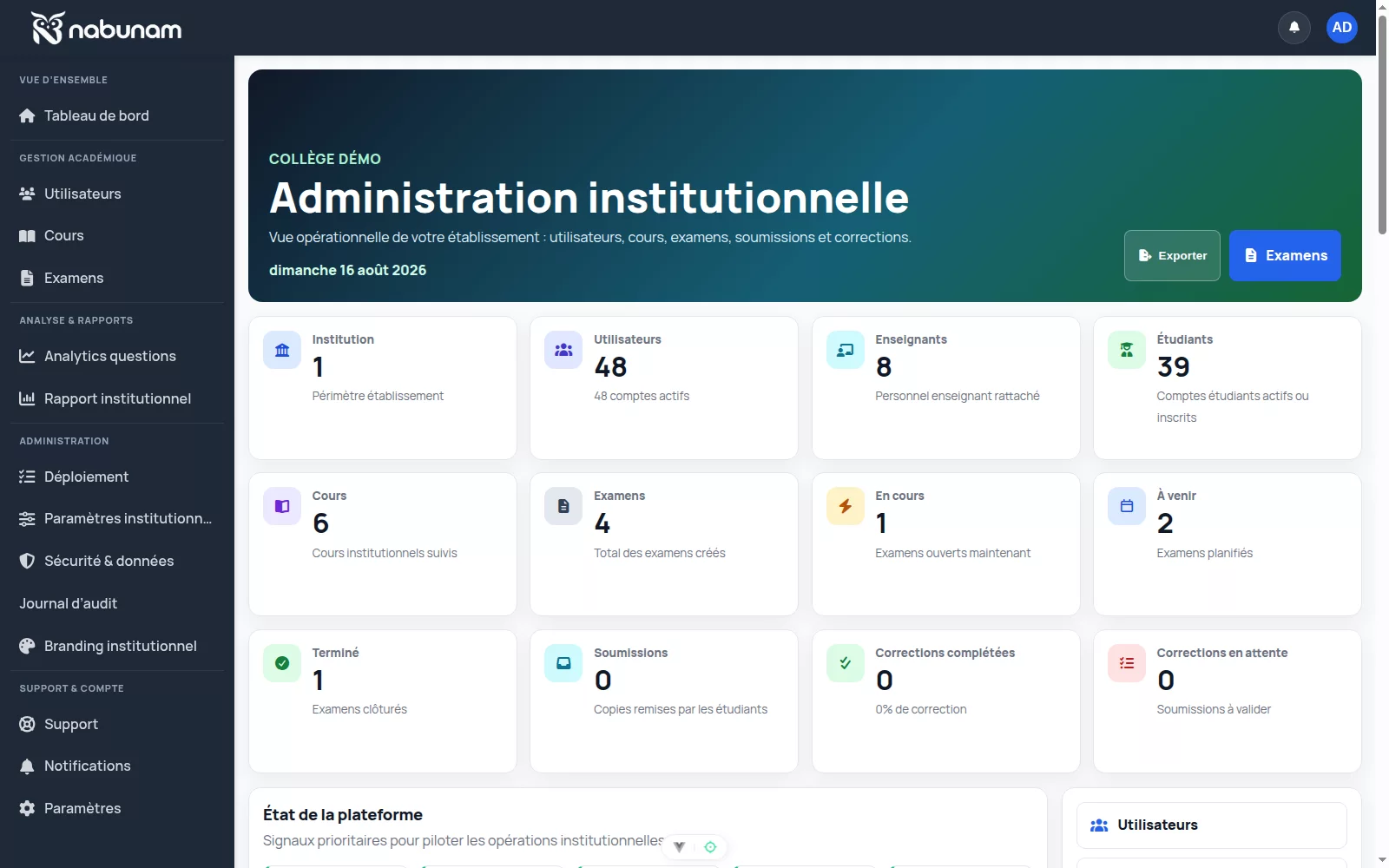 Console Nabunam regroupant l’administration des utilisateurs, des cours, des examens et des fonctions institutionnelles.