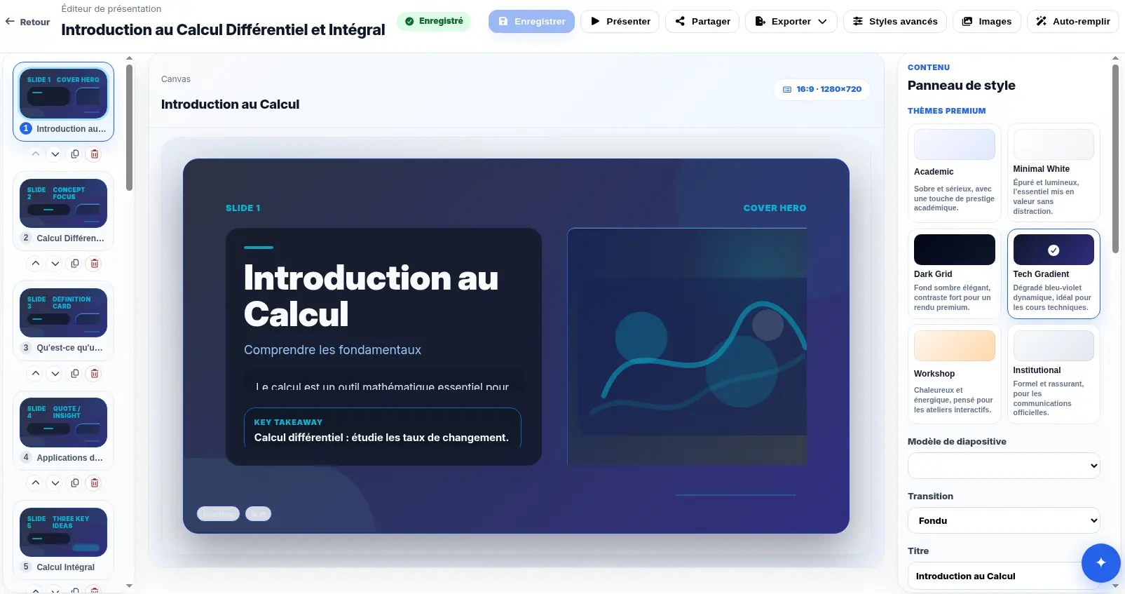 Éditeur de présentation Nabunam avec les miniatures, la diapositive active et les outils de modification.