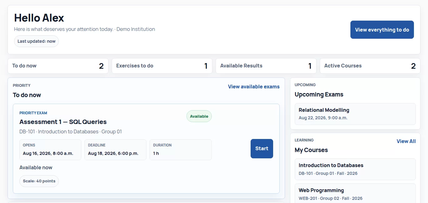 Nabunam student dashboard showing next actions, a priority assessment, active courses, and available results.